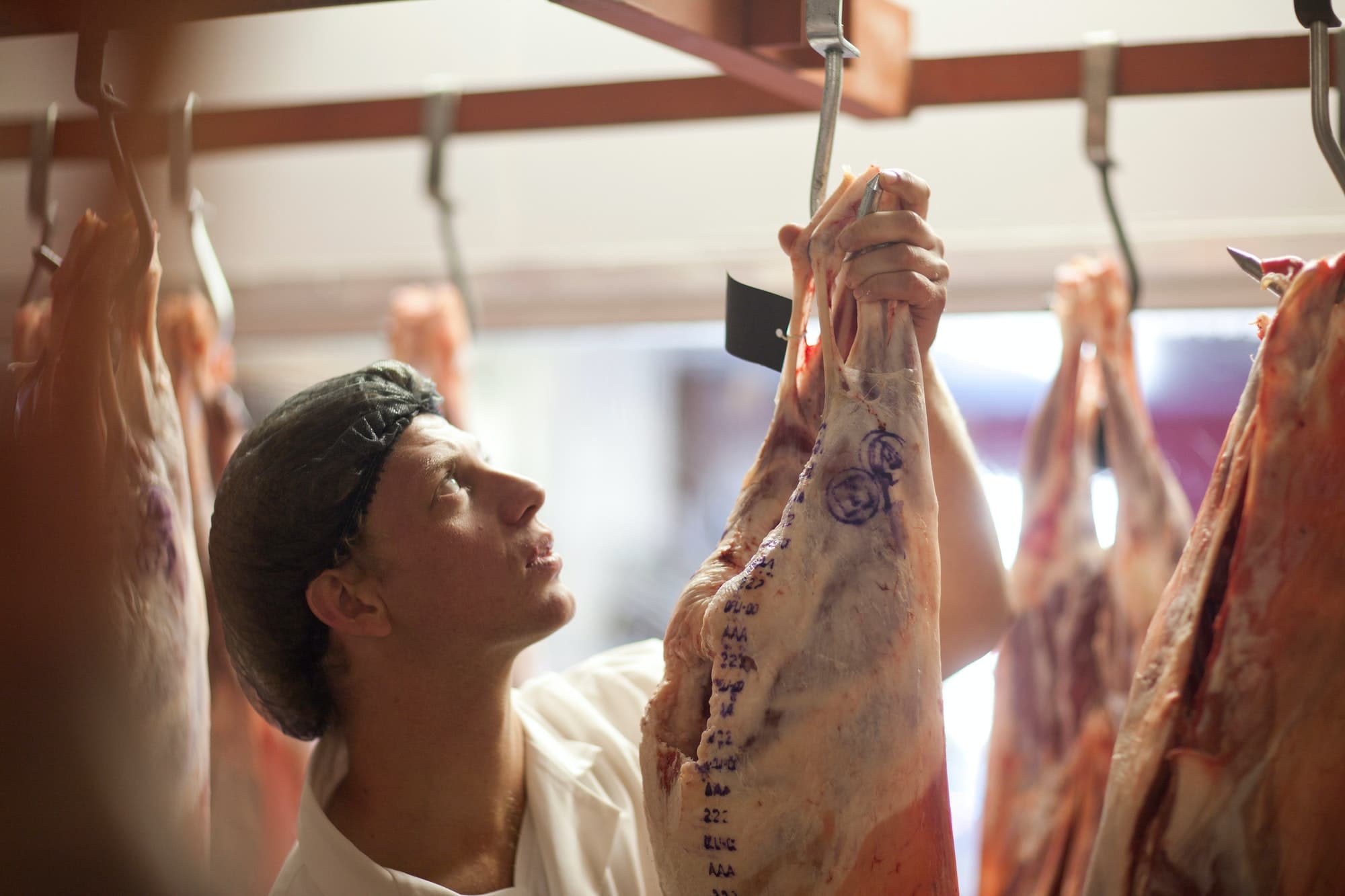 Butcher inspecting meat